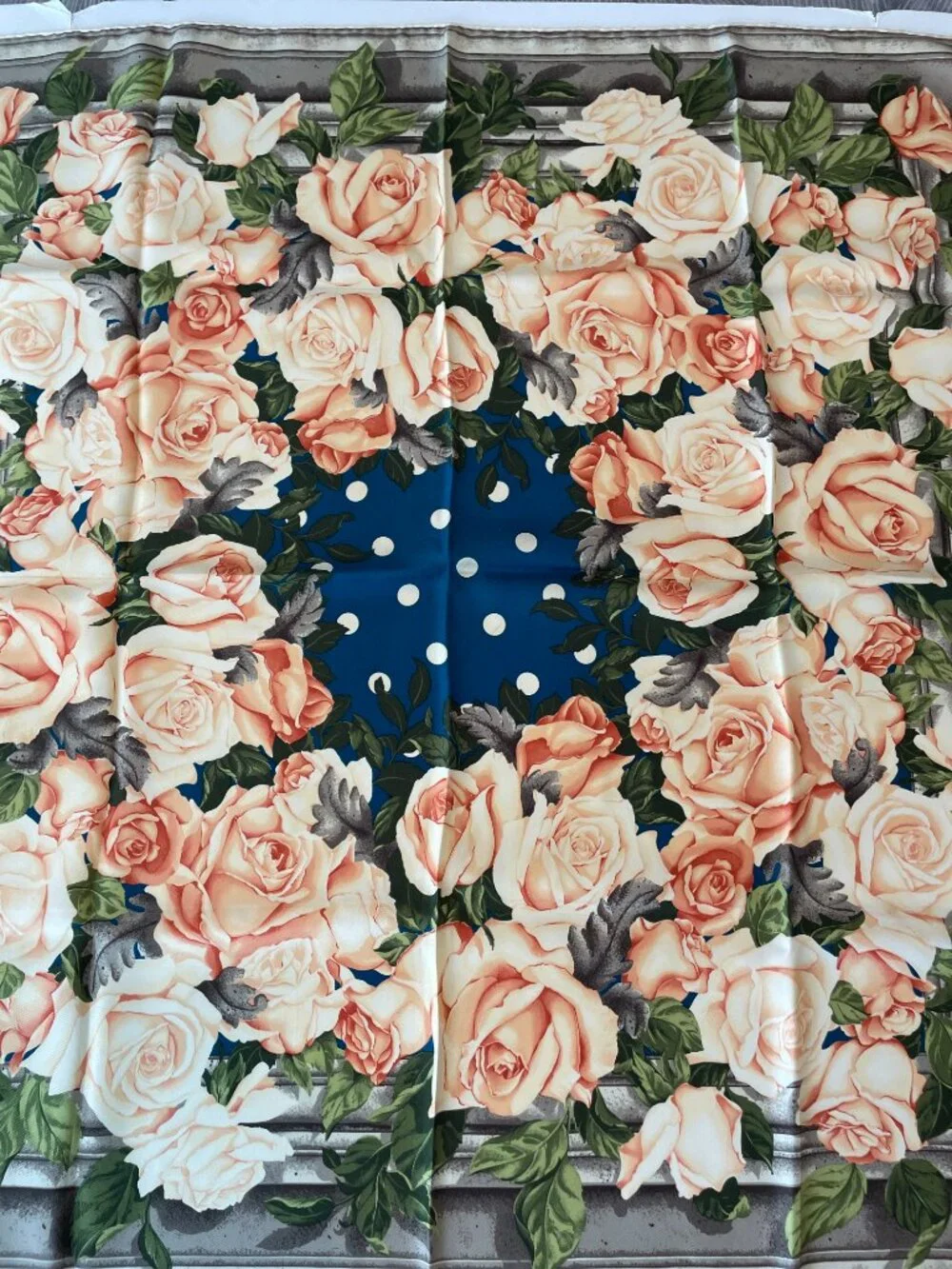 Vintage Christian Silk Scarf with Roses & Polka Dots